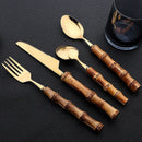 Ljojo 24Pcs Stainless Steel Bamboo Handle Cutlery Set Dinnerware Flatware