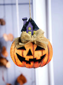 Halloween Pumpkin Ghost Hanging Ornament with Haunted House, Burlap Bow Design