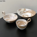 Ljojo Marble Pattern Ceramic Bowl with Handle, Set of 4