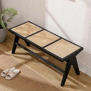 Ljojo™ Farmhouse Rattan Bench With Footrest - Wood Cane Seat