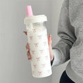 Ljojo 500/850ML Pink Bow Straw Water Bottle Cute Coffee Bubble Milk Tea Cup