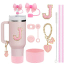 Ljojo 10-Piece Cup Accessories Set with Straws, Brush, Flower Charm, & Spill-Proof Stopper