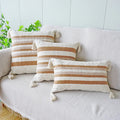 Ivory Brown Coffee Black Stripe Pillow Case with Tassels - Ljojo Brand