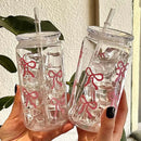 Cute Bow Plastic Cup with Lid & Straw, Ljojo Tumbler Jar - Party Gift for Coffee, Juice, Water