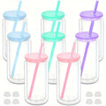 Ljojo 16oz Double Wall Snowglobe Mason Jar Cups with Straw - Set of 8