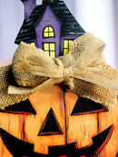 Halloween Pumpkin Ghost Hanging Ornament with Haunted House, Burlap Bow Design