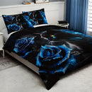 Black Cat Blue Rose Duvet Cover Set - Ljojo Floral Animal Bedding