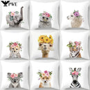 Cute Animals Print Decor Pillowcase by Ljojo - Pink Flower Theme