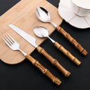 Ljojo 24Pcs Bamboo Handle Stainless Steel Cutlery Set Creative Dinnerware