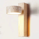 Japanese Wabi Sabi Yellow Travertine Wall Lamp Pull Chain LED Wood Stone Lights by Ljojo