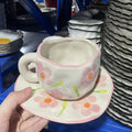 Ljojo 10oz Korean Style Ceramic Coffee Mug with Saucer Hand Painted Tea Cup Set