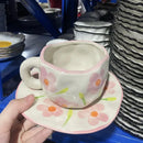 Ljojo 10oz Korean Style Ceramic Coffee Mug with Saucer Hand Painted Tea Cup Set