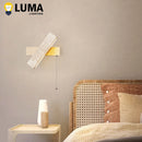 Ljojo Japanese Wabi-Sabi Yellow Travertine Wall Light with Pull Chain Switch and Rotable LED Wood Stone Lamp