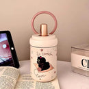 Ljojo 500ml Stainless Steel Cat Coffee Tumbler Thermos with Straw and Handle