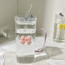 Ljojo 350ML Square Mug with Lids, Straws, Bow Handle - Pink Female Milk Coffee Cup