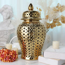 Ljojo™ Gold Ceramic Temple Jar with Lid, Home Decorative Vase, Hollow Storage Jar