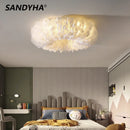 Ljojo Round Feather LED Ceiling Lamp Warm Light Stylish Nordic Minimalist Bedroom Decor