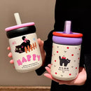 Ljojo 500ml Stainless Steel Cat Coffee Tumbler Thermos with Straw and Handle