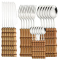 Ljojo 24Pcs Natural Bamboo Handle Stainless Steel Dinnerware Set