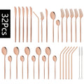 Ljojo 32-Piece Stainless Steel Black Cutlery Set Knife Fork Spoon Straw Flatware