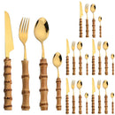 Ljojo 24Pcs Stainless Steel Bamboo Handle Cutlery Set Dinnerware Flatware