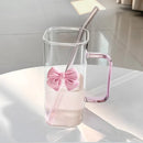 Ljojo 350ML Square Mug with Lids, Straws, Bow Handle - Pink Female Milk Coffee Cup