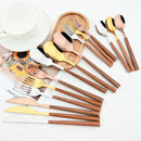 Ljojo 24Pcs Stainless Steel Cutlery Set with Imitation Wood Handle