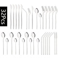 Ljojo 32-Piece Stainless Steel Black Cutlery Set Knife Fork Spoon Straw Flatware