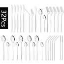 Ljojo 32-Piece Stainless Steel Black Cutlery Set Knife Fork Spoon Straw Flatware