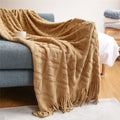 Ljojo Luxury Caramel Knitted Throw Blanket with Wave Tassels