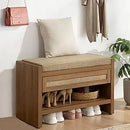Ljojo™ Rattan Shoe Bench with Storage Drawer, Linen Seat, Farmhouse Boho Style