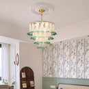Ljojo French Medieval Luxury Green Glass Petal Chandelier Metal Round Pendant Light