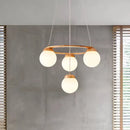 Nordic Style Wood LED Chandelier Modern Ring Lamp Glass Ball Decor Pendant Lights