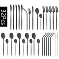 Ljojo 32-Piece Stainless Steel Black Cutlery Set Knife Fork Spoon Straw Flatware