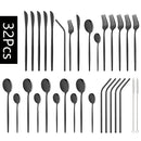 Ljojo 32-Piece Stainless Steel Black Cutlery Set Knife Fork Spoon Straw Flatware