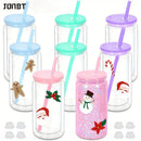 Ljojo 16oz Double Wall Snowglobe Mason Jar Cups with Straw - Set of 8