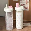 Ljojo 500/850ML Pink Bow Straw Water Bottle Cute Coffee Bubble Milk Tea Cup