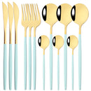 Ljojo 12-Piece Black Gold Stainless Steel Cutlery Set for Parties and Kitchens