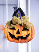 Halloween Pumpkin Ghost Hanging Ornament with Haunted House, Burlap Bow Design
