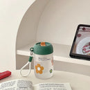 Ljojo 380ml Cherry Glass Water Bottle with Lid and Straw
