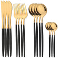Ljojo 16-Piece Stainless Steel Black Gold Cutlery Set Silverware Dinnerware Flatware