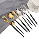 Ljojo 16-Piece Stainless Steel Black Gold Cutlery Set Silverware Dinnerware Flatware
