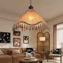 Ljojo Japanese Retro Fabric Tassel Umbrella Pendant Light Chandelier for Dining Room and Bedroom