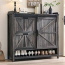 Ljojo™ Farmhouse Shoe Storage Cabinet: 2 Flip Drawers, Sliding Door, Rustic Hidden Organizer