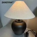 Ljojo Ceramic Table Lamp LED Night Light Fabric Lampshade Bedroom Decor Pottery Jar Style