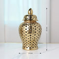 Ljojo™ Gold Ceramic Temple Jar with Lid, Home Decorative Vase, Hollow Storage Jar