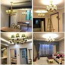 Ljojo Green Fabric Lampshade Copper Iron LED Pendant Light Chandelier for Home Decoration