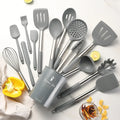 Ljojo 15Pcs Silicone Kitchen Utensil Set with Stainless Steel Handle & Storage Bucket