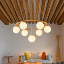Nordic Style Wood LED Chandelier Modern Ring Lamp Glass Ball Decor Pendant Lights