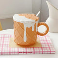 Ljojo 400ML Biscuit Pattern Coffee Mug With Lid, Spoon - Cute Kawaii Ceramic Cup